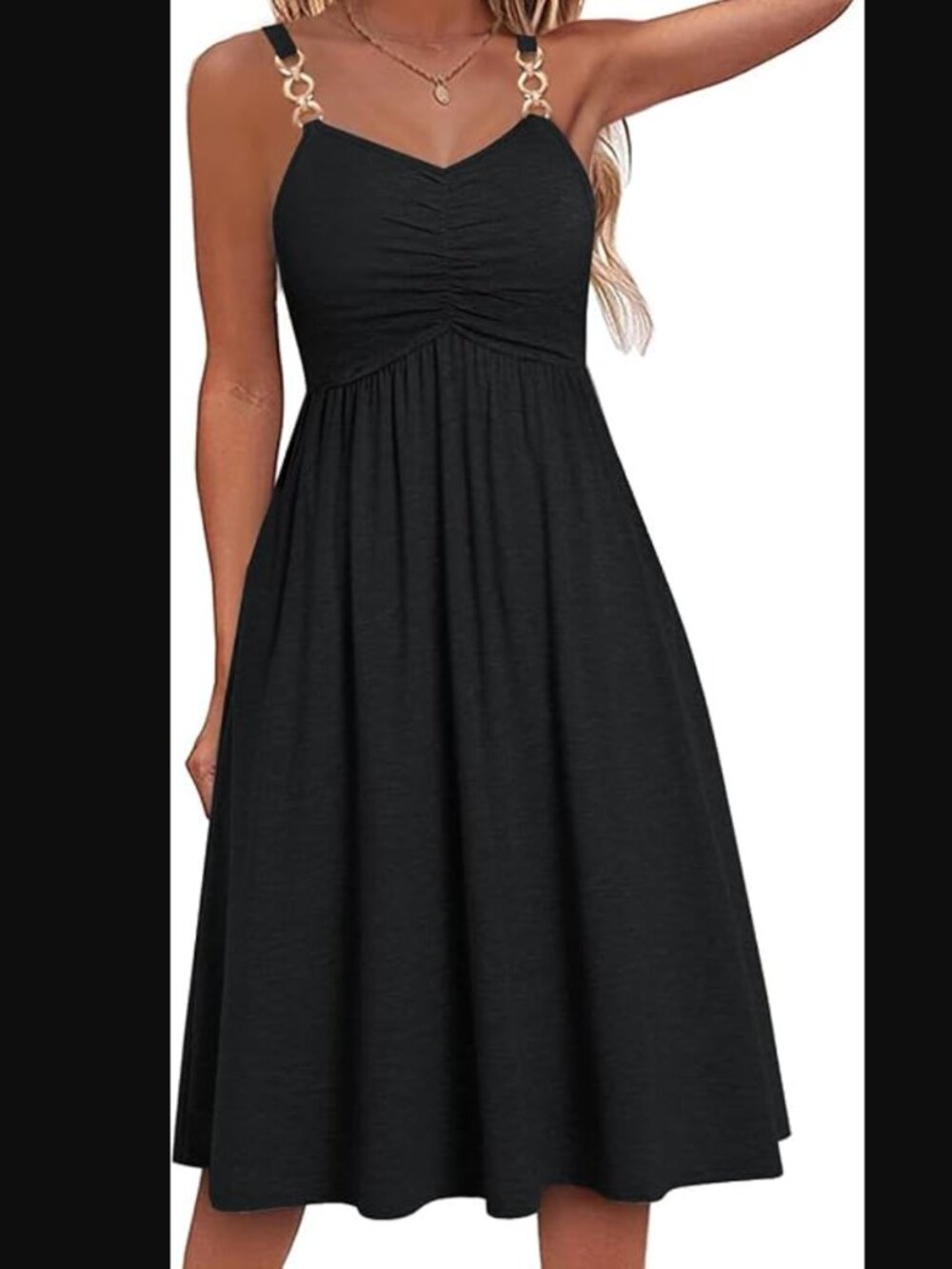 Black Summer Dress with Gold Accents has Pockets M